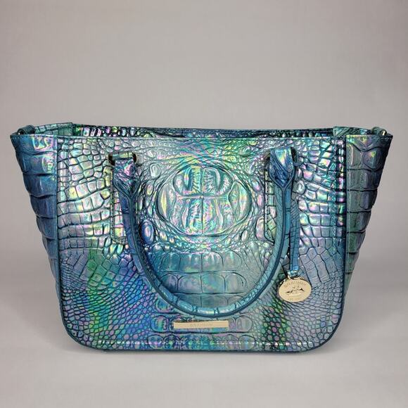 BRAHMIN Small Ashlee Blue Topaz Melbourne Satchel Leather Iridescent Holo NWT - Picture 2 of 14